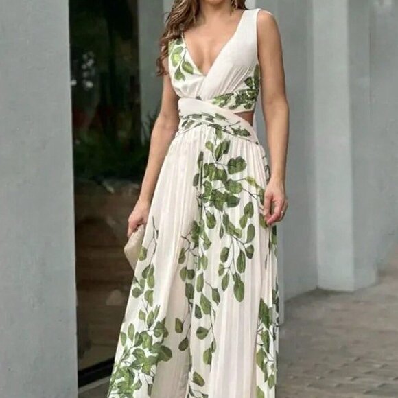 Pants - Multicolor Boho Women's V-Neck Plant Printed Pleated Jumpsuit